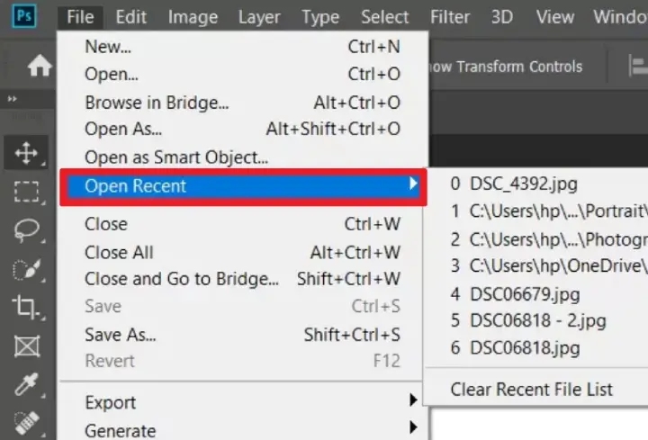 Photoshopの「最近使用したファイルを開く」メニュー