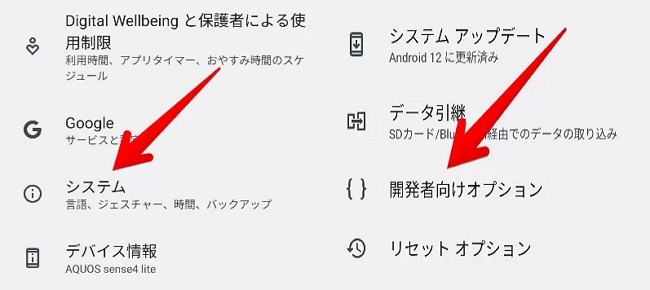 Android「開発者向けオプション」をクリック