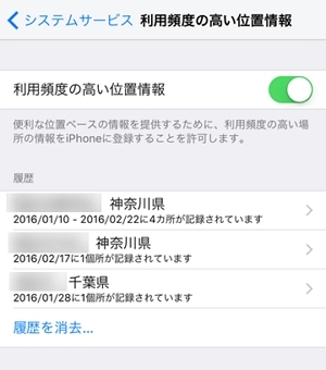 「利用頻度の高い位置情報」一覧