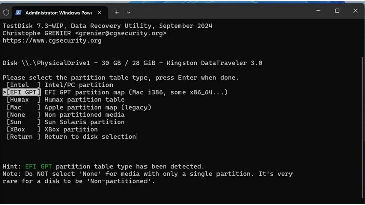 TestDisk パーティションテーブルの種類を選択