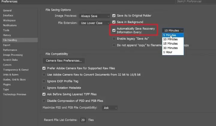 Photoshopの自動保存・復元情報の設定