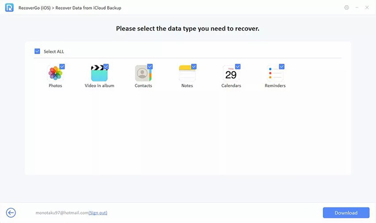 recovergo iCloud 復元したいデータの種類を選択