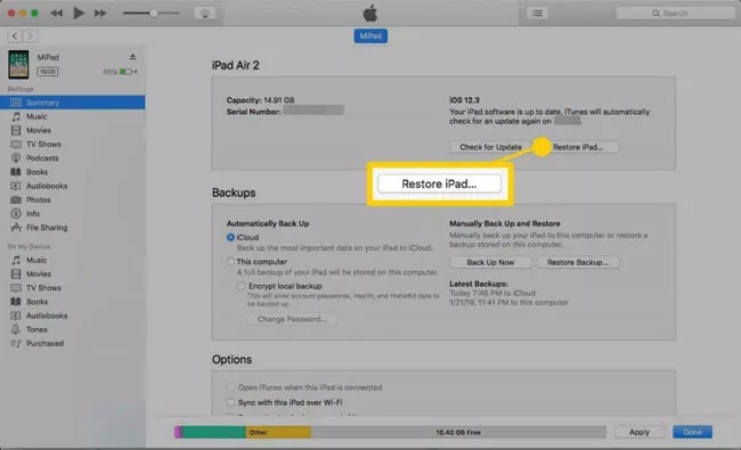 iTunesバックアップからiPadを復元する