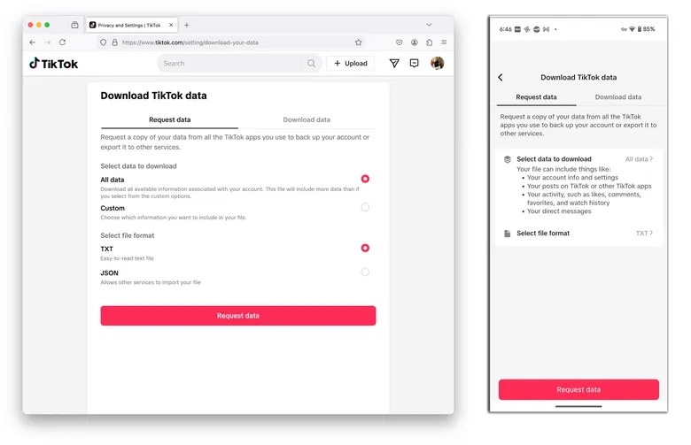 TikTokのデータをリクエストする